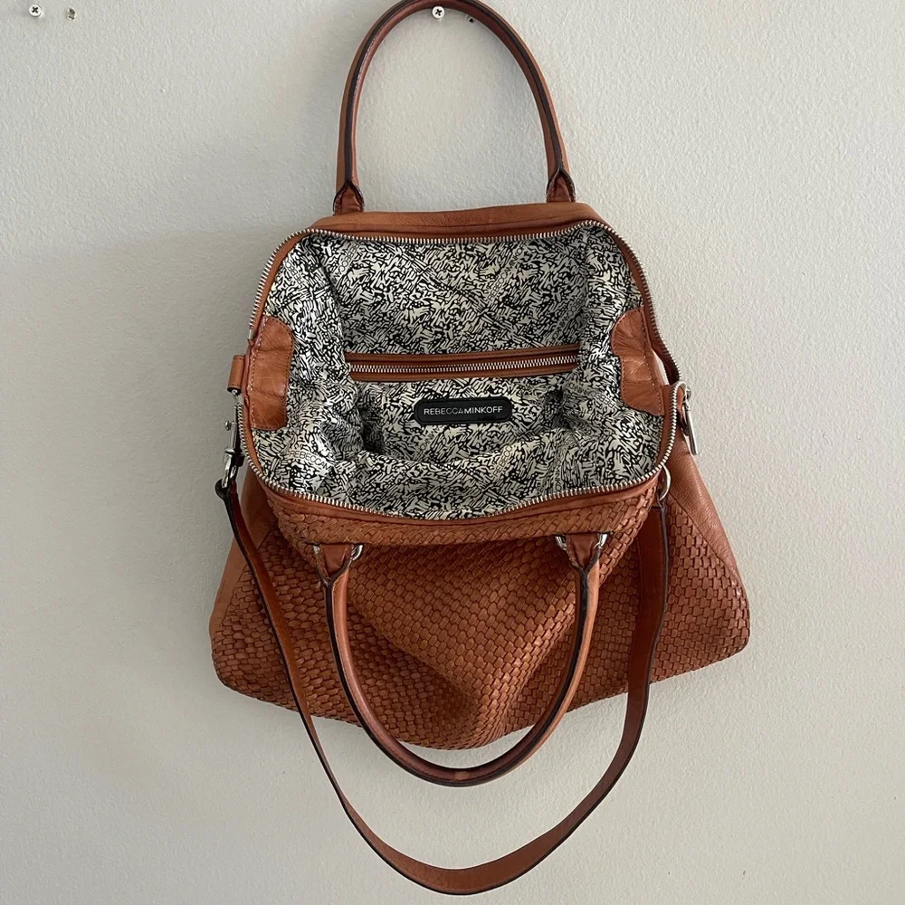Rebecca Minkoff Bonnie Box Woven Almond Brown Leather Satchel Shoulder Bag - Picture 2 of 15